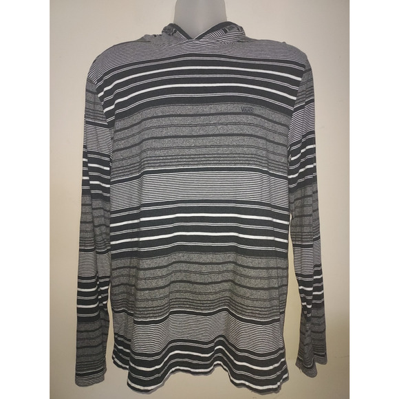 Vans Men's Hooded Shirt Large Long Sleeve Pullover Skater Striped Black Gray - Picture 1 of 6